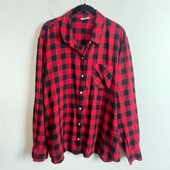 GAP Fitted Boyfriend‎ Shirt XXL – Red Black Buffalo Plaid Flannel Button-Up - Picture 1 of 8